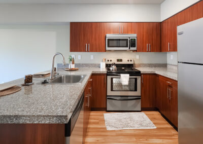Large L-shaped kitchen in modern apartment in Broadway Building apartments