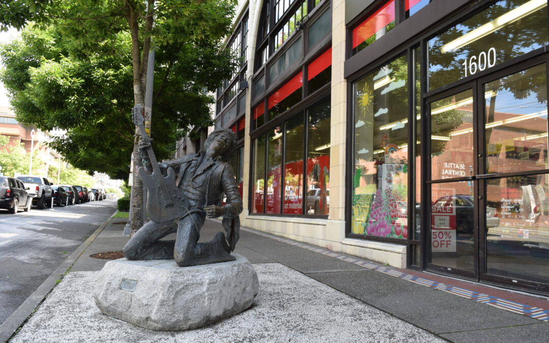 Preserved Jimi Hendrix statue sitting on Broadway next to Blick Art Material in Capitol Hill, Seattle.